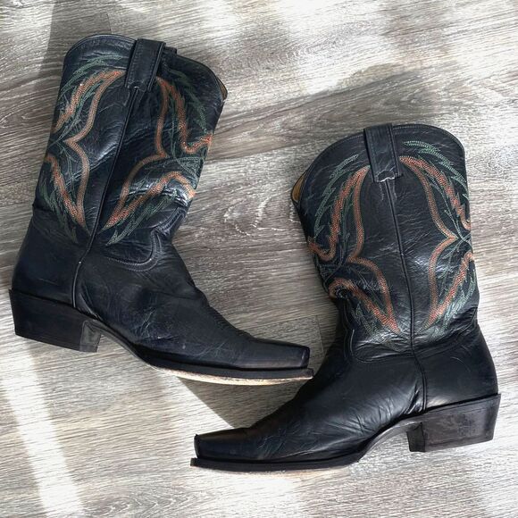 Sonora Double H Men’s Black Leather Western Cowboy Boots Embroidered Sz 11.5